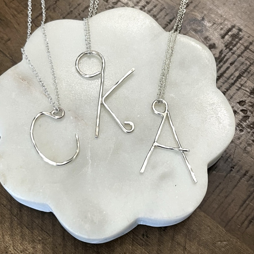 Sterling Silver Custom Hammered Initial Letter Monogram Alphabet Necklace